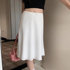 Lunivop Deeptown Elegant White Women Satin Skirt Fairycore Ruffle Mid Skirts Coquette A-line Basic Casual Korean Style Summer Silk Skirt