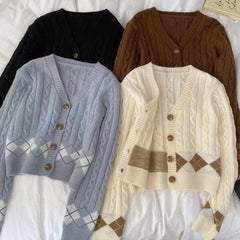 Lunivop Argyle Cable Knit Cardigan Sweater for Women Teen-girl Cozy Knitted Button Up Boxy Fit Sweater Preppy Chic Outfit