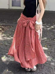 Lunivop Vintage Red Plaid Long Skirts Women Sweet Bow High Waist A Line Skirt Vintage Korean Loose Casual Design Female Skirt New