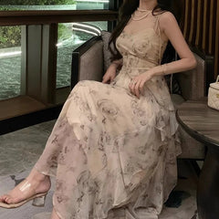 Lunivop Elegant Floral Chiffon Midi Dresses for Women Holiday Long Dress Sleeveless Vintage Dress Fairy Slim Party Casual