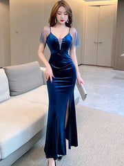 Lunivop Autumn Winter Blue Velvet Chic Diamonds Sheer Sexy Club Dress Women Elegant Luxury Long Robe Korean Bodycon Evening Dresses