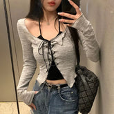 Lunivop Korean Two Piece Set Lace-up Cardigan with Cami Women's Sexy Slim Y2K Crop Long Sleeve Criss Cross Knit Tops Acubi Outfit