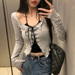 Lunivop Korean Two Piece Set Lace-up Cardigan with Cami Women's Sexy Slim Y2K Crop Long Sleeve Criss Cross Knit Tops Acubi Outfit