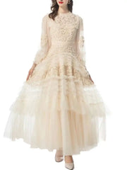 Lunivop Solid Hollow Out Ruffles Design Dresses For Women Round Neck Long Sleeve High Waist Elegant Dress Autumn 2025 New