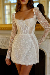 Lunivop Long Sleeves Mini Wedding Dress For Women Sequins Shiny Illusion Backless Square Collar Above Knee Bridal Gowns