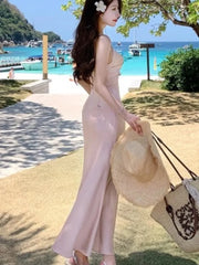 Lunivop Sexy Backless Satin Straps Midi Dresses for Women Summer Elegant Party Sleeveless Female Beach Holiday Pink Clothing