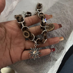 Lunivop Y2K Brown Opal Sun Pendant Necklace for Men Women Hip Hop Crystal Cross Leather Patchwork Necklace Grunge Party Jewelry