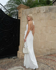 Lunivop White Halter Backless Banquet Party Dresses Long Slit Ruffles Chiffon Bridal Dress Floor Length Summer Vocation Maxi Dress Women