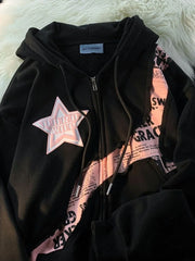 Lunivop Deeptown Y2K Vintage Zip Up Hoodies Women Harajuku Hip Hop Letter Print Sweatshirts Gothic Streetwear Loose Patchwork Tops Coats