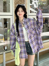 Lunivop Retro Purple Plaid Shirts Women Oversize Long Sleeve Korean Blouse Casual Vintage Female Streetwear Loose Spring Tops New