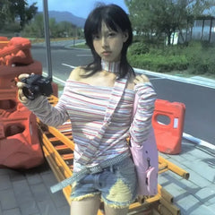 Lunivop Japanese Style Y2k Sexy T-shirt Off Shoulder Vintage Rainbow Striped Tops Harajuku 2000s Long Sleeve T-Shirt Aesthetics