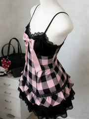 Lunivop Vintage Harajuku Sweet Kawaii Women Slim Plaid Spaghetti Strap Dress Bow Lace Trim Layered Ruffle Cake Skirt Y2k Cute Outfits