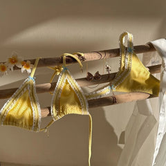 Lunivop 3Pcs Yellow Lace Bikini Sexy Women Swimsuit Push Up Swimwear Bandeau Biquini Female Crochet Skirt Floral Bathing Suit Beachwear