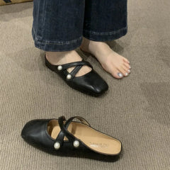 Lunivop New Women's Mules Slippers Shoes Comfort PU Leather Flat Ballet Shoes Ladies Fashion Slip on Cross Mary Jane Women Slippers