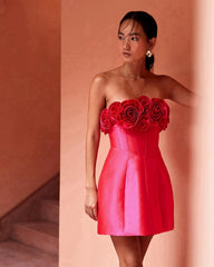 Lunivop Fashion Straight Rose Flower Satin Mini Prom Party Dress Handmade Flowers Short Cocktail Gowns Pretty Strapless Homecoming Dress