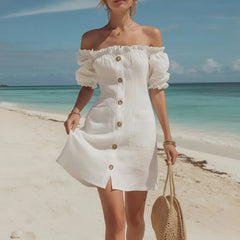 Lunivop Elegant Ruffles Shirt Dress Summer Clothing Women Puff Sleeve Slash Neck Bandeau Mini Dresses Birthday Evening Party Dress
