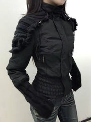 Lunivop Vintage Harajuku Korean Gothic Womens Hooded Black Jacket Loose Fur Collar Coat Subcultural Youth Casual Street Daily Outfit
