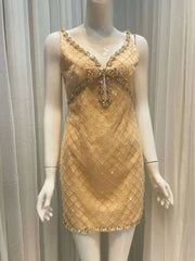 Lunivop 2025 New Diamonds Bow Women's Spaghetti Strap Dress Beading Plaid Zipper V-Neck Sleeveless Elegance Dresses Female