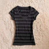 Lunivop New Simple Office Lady Casual T-shirt Slim Stripe V Neck Half Sleeve Minority Shirts Hot Sell Literary Moda Cute Crop Top