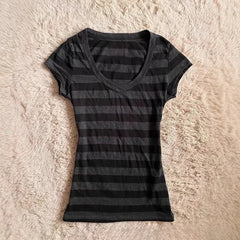 Lunivop New Simple Office Lady Casual T-shirt Slim Stripe V Neck Half Sleeve Minority Shirts Hot Sell Literary Moda Cute Crop Top