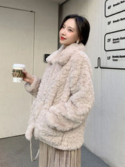 Lunivop Faux Lamb Vintage Coat Women Long Sleeve Winter Warm Sweet Jacket Korean Casual Female Pockets Solid Slim Retro Outwear Top