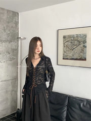 Lunivop Hollow Out Mesh V-neck Lace Up Shirts Women Y2k E-Girl Slim Fit Long Sleeve Blouses 2025 Spring New Black Blusas De Mujer