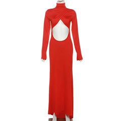 Lunivop Sexy Cut Out Backless Red Party Dress Women Elegant Luxury Turtleneck Long Sleeve Maxi Dresses Evening Gown