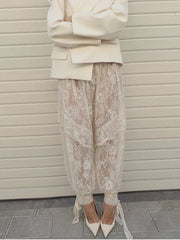 Lunivop Lace Trim Drawstring Hem Pants Sheer Floral Print Baggy Fit Summer Vacation Women Trousers Trendy Romantic Lady Date Outfit