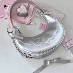 Lunivop Hot Girls Silver Y2k Underarm Bag Purse Women Versatile Leather Bow Half Moon Bags Ladies Fairy Core Handbag Aesthetic