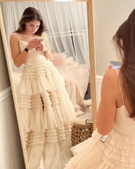 Lunivop Beige Ruffled Spaghetti strap Bridal Dress Elegant Layered Tulle Ball Gown Floor Length Simple Prom Dress Ever Pretty Gown