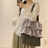 Lunivop Retro Ruffle Gray Tote Bag Women Canvas Patchwork Large Capacity Bucket Bag Ladies Everyday Casual Harajuku Style Shoulder Bags