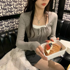 Lunivop New Wooden Ear Edge Square Collar Bow Decoration Slim Long Sleeve Top Y2k Millennial Style Street Style Top For Women