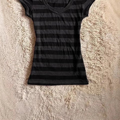 Lunivop New Simple Office Lady Casual T-shirt Slim Stripe V Neck Half Sleeve Minority Shirts Hot Sell Literary Moda Cute Crop Top