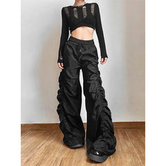 Lunivop Aesthetic Y2K Vintage Folds Wide Leg Trousers Women Diablo Style High Waist Drawstring Full Pants Unisex Bf Baggy Casual Pants