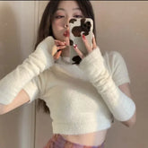 Lunivop Short High Waist Korean Solid Sweaters O-Neck Y2K Pullover Mink Cashmere Crop Tops Women Sueter Mujer Patchwork Long Sleeve