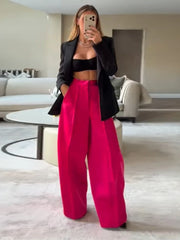 Lunivop Lustrous Satin Wide-Leg Pants Hot Pink Oversize Pleated Spring Fashion Women Bottoms Chic Tailored Date Party Lady Trousers