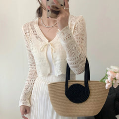 Lunivop Tie Front Crop Cardigan Long Sleeve Pointelle Knit Openwork Shrug Jacket Women Teen-girl Spring Summer Fairycore Outfit