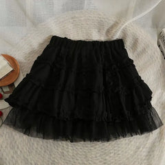 Lunivop Korean Version of Women's Lolita Elasticized Patchwork Gauze Lace Folds Fashion Solid Color Elegant Versatile Casual Skirts