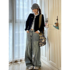 Lunivop Blue Jeans Women Y2K Hip Hop Fashion Vintage High Waisted Cargo Jeans Streetwear Casual Loose Large Size Wide Leg Denim Pants