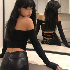 Lunivop Vintage Hollow Sexy Slim All Match Long-sleeved T-shirt Women 2024 Summer New Streetwear Strapless Casual Black Crop Tops