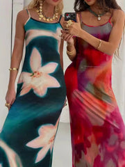 Lunivop Female Printed Halter Dresses Summer Fashion Slim Backless Spaghetti Elegant Contrast Dress High Waist Printed Maxi Dress