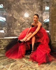 Lunivop Unique Black & Red Mesh Prom Gowns Mix Colors One Shoulder A Line Formal Party Dresses Long Puffy Tulle Party Gowns Customize