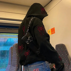 Lunivop Y2K Rhinestone Spider Hoodie Women Gothic Black Full Zip Up Oversized Sweatshirts Female Retro Harajuku Hooded Jacket Streetwear
