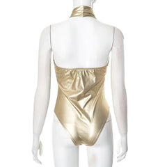 Lunivop Metallic Gold Halter Backless Bodysuit Tops Women Y2K Clothing Sexy Leotard Clubwear Rave Oufits One Piece Body Suit