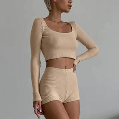 Lunivop Knit Rib Long Sleeve Square Collar Crop Top Short Pant Women'S Sets Y2K Streetwear Casual Clothing Fall Leggings