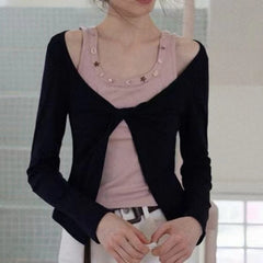 Lunivop Harajuku style faux two-piece retro T-shirt, women's color-blocked punk style tight top, Y2K aesthetics, autumn slit T-shirt.