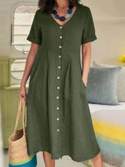Lunivop Spring/Summer New Cotton and Hemp Dress V-neck Fashion Short Sleeved Single Breasted Elegant Loose High Waist Pleated Dress