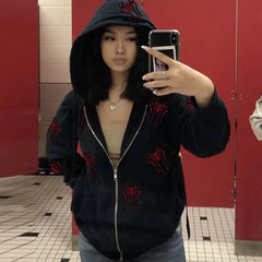 Lunivop Y2K Rhinestone Spider Hoodie Women Gothic Black Full Zip Up Oversized Sweatshirts Female Retro Harajuku Hooded Jacket Streetwear