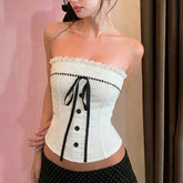Lunivop French Sweet Spice Girl Summer Strapless Camisole Y2k Spliced Lace Edge Constrast Color Bow Tank Tops Punk Women Streetwear