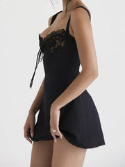 Lunivop Women V neck Backless Party Skater Short Sling Dress Sexy Stitching Lace Bra Corset Style Spaghetti Strap Mini Dresses